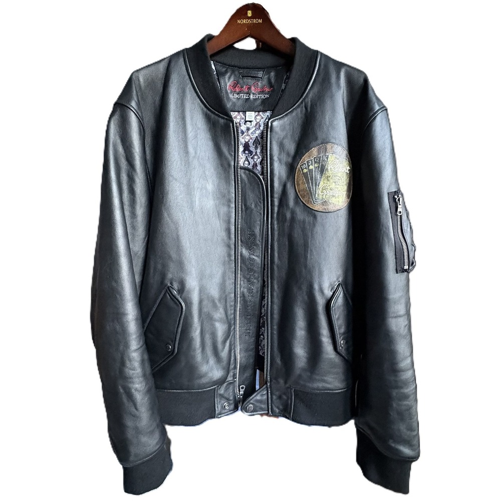 Robert Graham Limited Edition Leather Jacket Mens 3XL Black Lambskin Flight Deck
